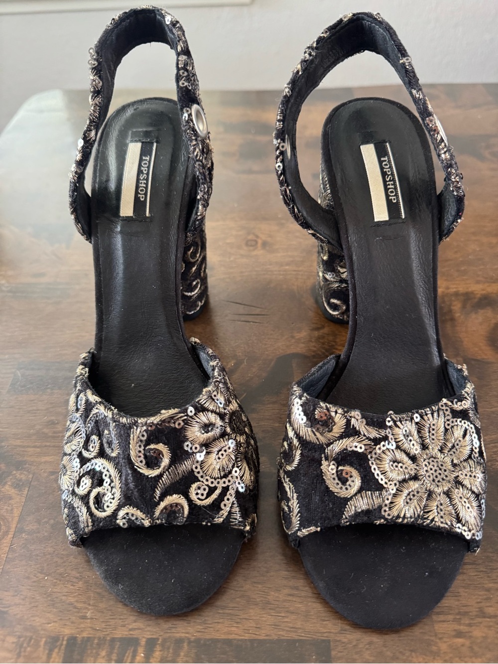 Topshop Black and Gold Embroidered Sequin Slingback Heels, EU 39